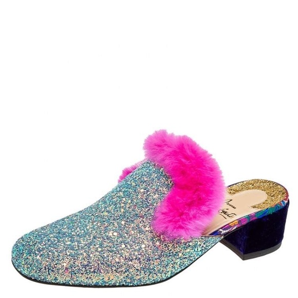 Christian Louboutin Boudiva Glitter Fur House Slip On Mules Slippers Flats - Picture 5 of 11